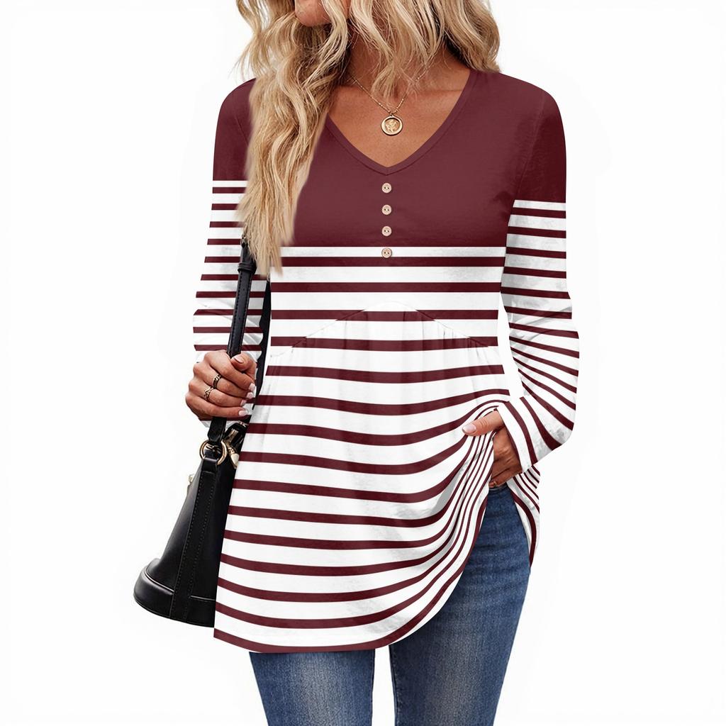 Women's Casual Fashion V-Neck Button Striped Long Sleeve Top