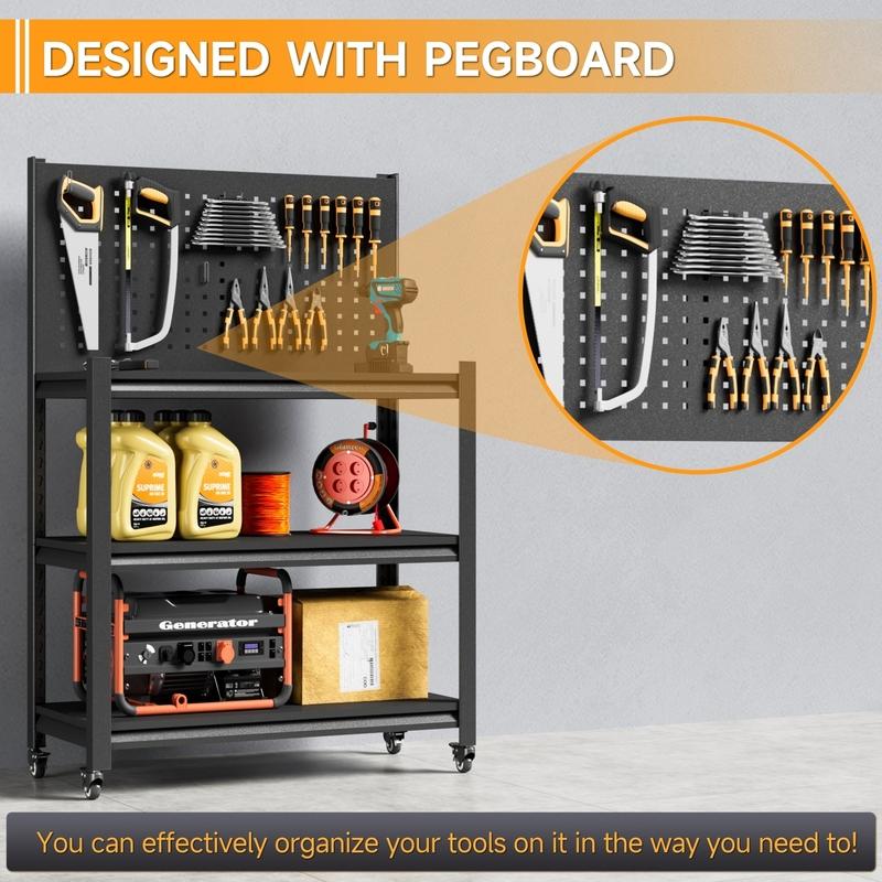 Tool Storage Workbench Rolling Shelving Steel Tool Rack Garage Shelves/ Pegboard