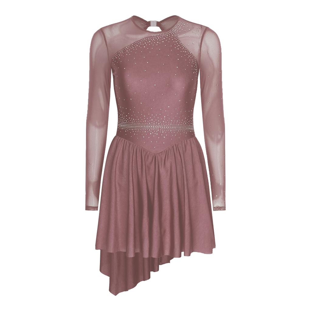 Damen Funkelnde Strasssteine Tanzkleider Cut-out Rücken Kontrastfarbe Netz Langarm Asymmetrischer Saum Kleid