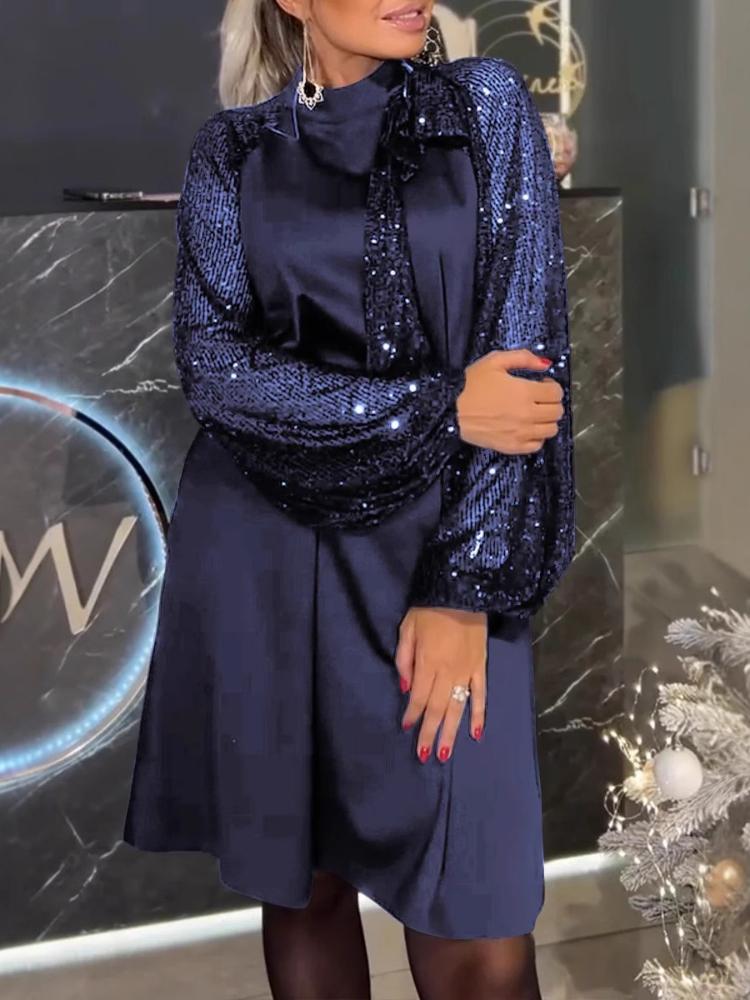 

Сладкая осенне-зимняя мини-юбка с длинным рукавом, круглым вырезом, пэчворком, бретелями с пайетками 3XL