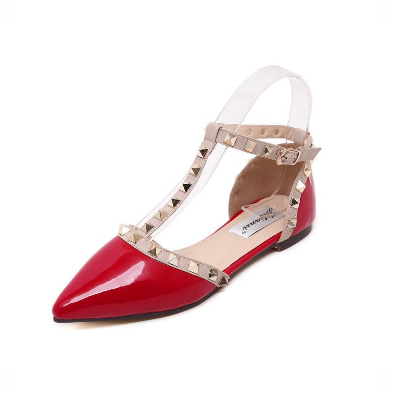 34-43 Large Size, Small Pepper Rivet Tip Strap Flat Shoes Shallow T-Shaped Willow Spike Flat Heel Shoes Single Shoes Women's Shoes