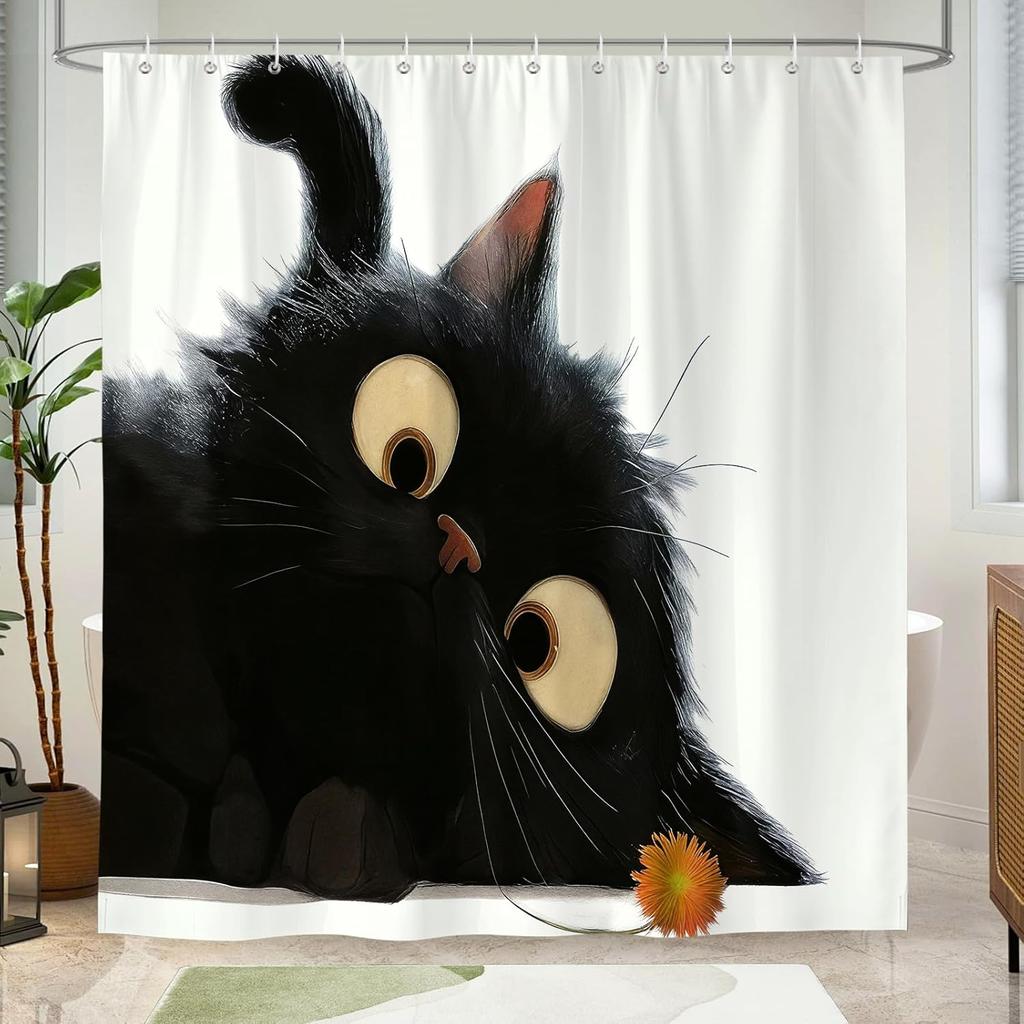 Cute Black Cat Shower Curtain Big Eyes Design Bathroom Decor Animal Art Waterproof Bath Curtain