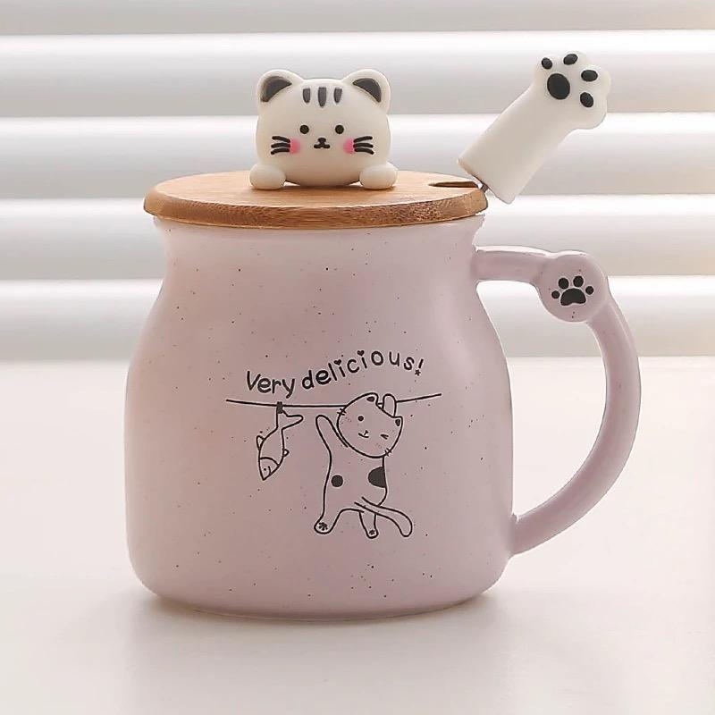 Cute Cartoon Cat Ceramic Mug with Lid and Spoon – Breakfast Coffee Cup