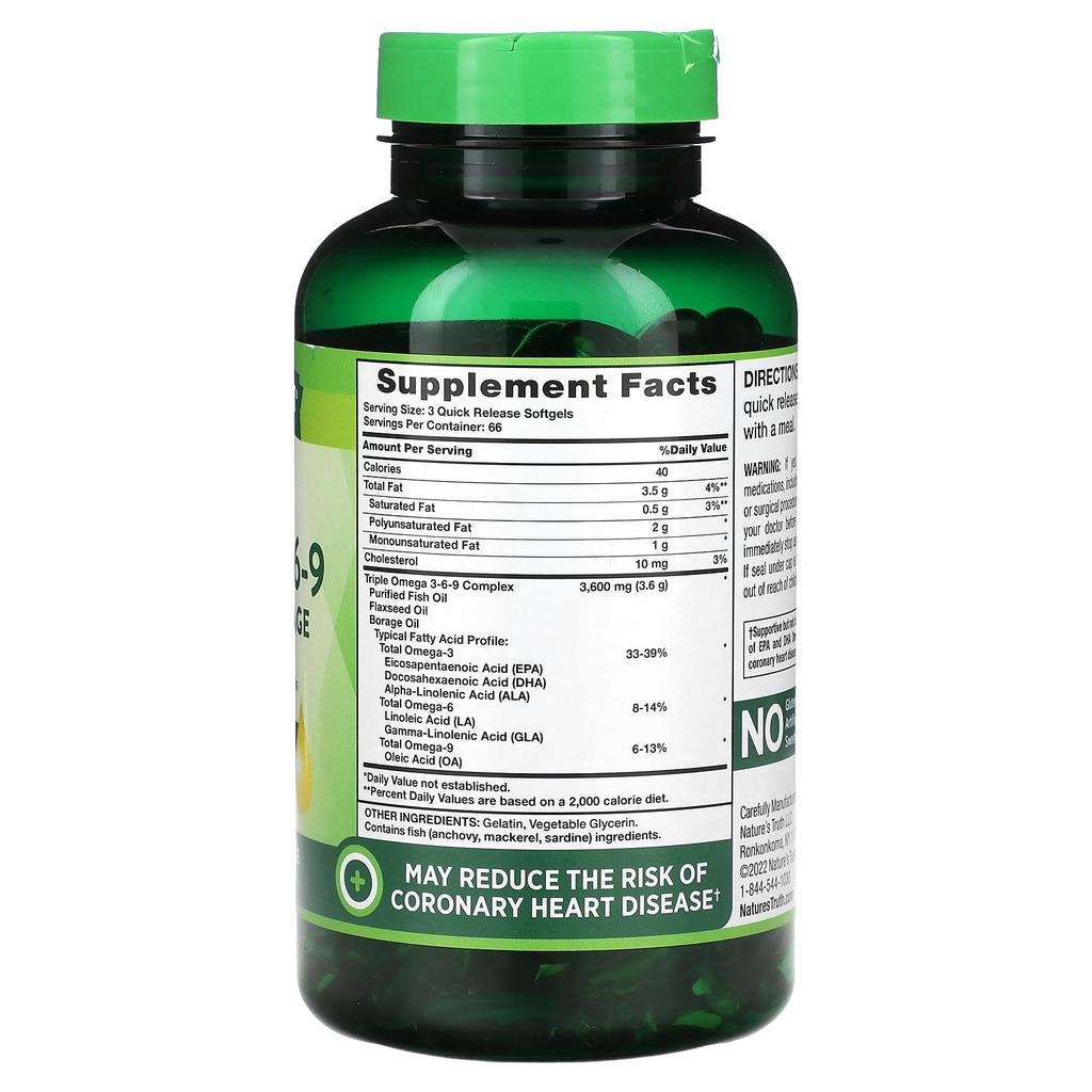 Nature's Truth Vitamins, Triple Omega 3-6-9, Fish, Flax, Borage, 3,600Mg, 200 Rapid Release Softgels (1,200Mg Per Softgel)