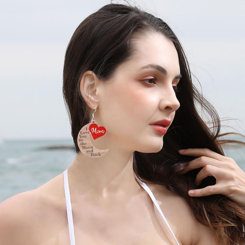 1 Pair 2023 Cut Wooden MOM I LOVE YOU Teardrop Heart Wood Dangle Earrings for Mom Mother Day Gift Novel Wood Jewelry