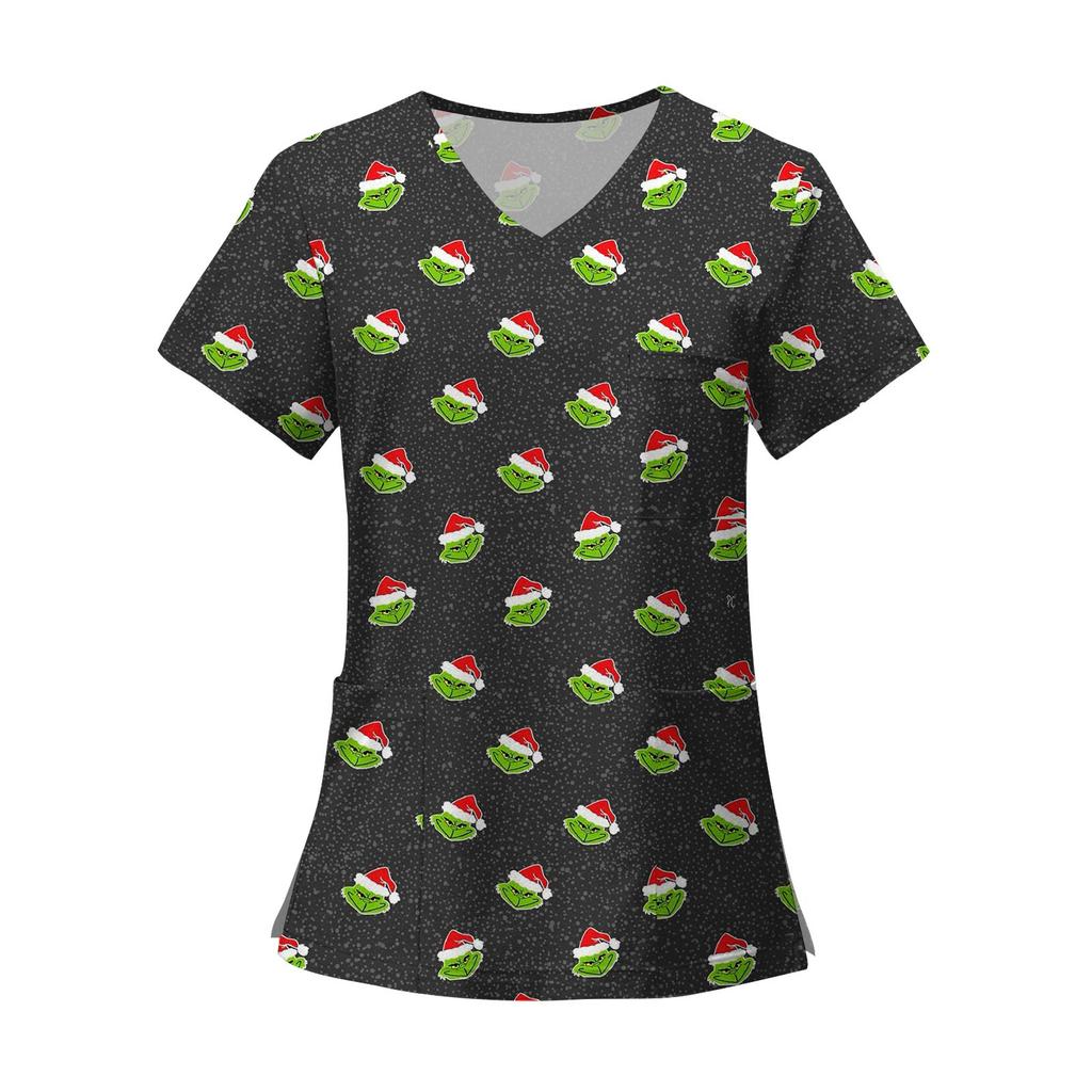 Women's Fashion Printed Short Sleeve V Neck Pattern Tops Pocket Working T-shirts