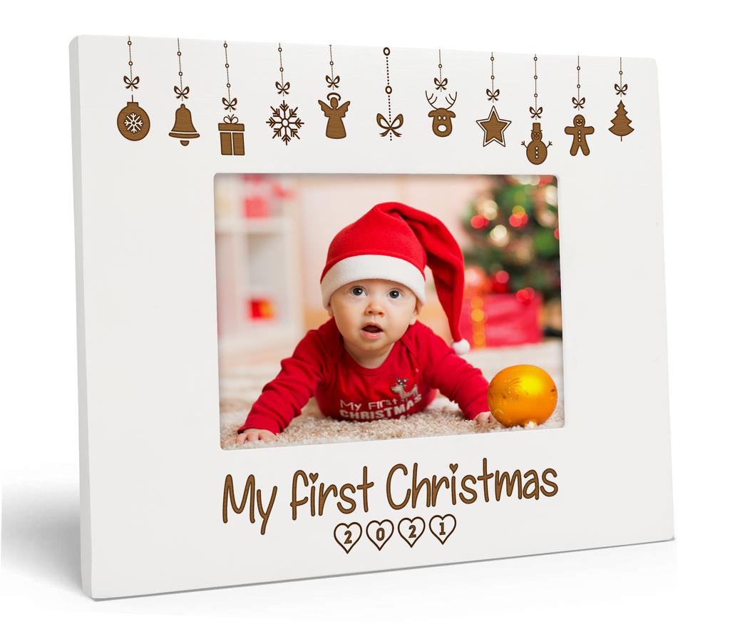 Darling Souvenir MADE WITH LOVE Personalized Wood Engraved Christmas Picture Frame, Table Top White Photo Frame (My First Christmas)