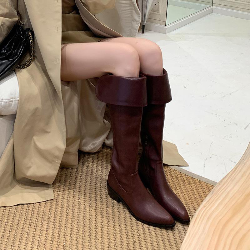 Cowhide French temperament thick heel knee boots two wear foldable women's boots western boots knee boots women