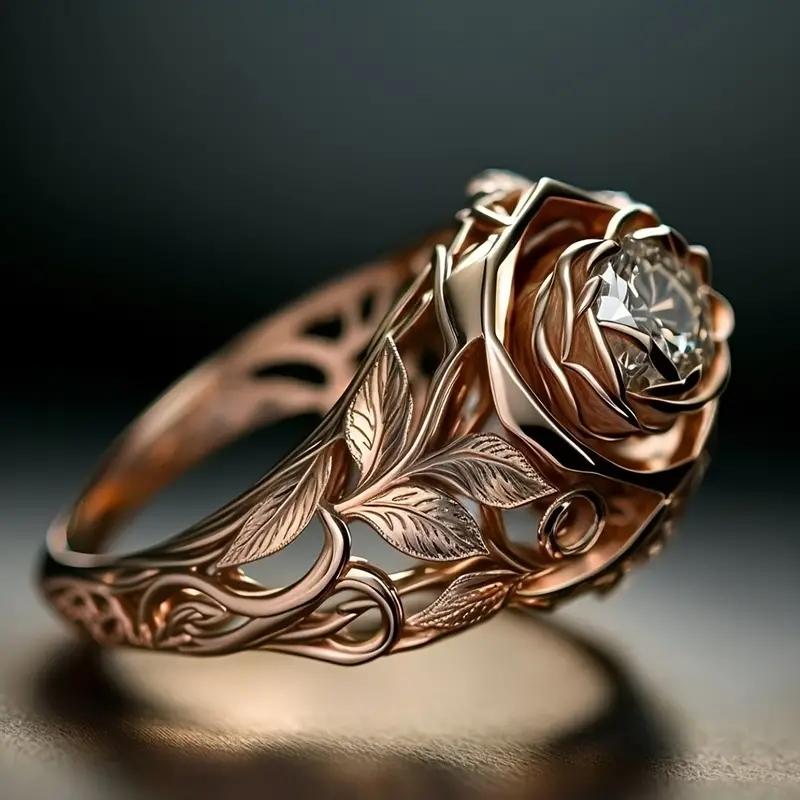 Huitan Aesthetic Rose Gold Flower Ring Female Engagement Accessories with Bright Zirconia Graceful Wedding Band Jewelry