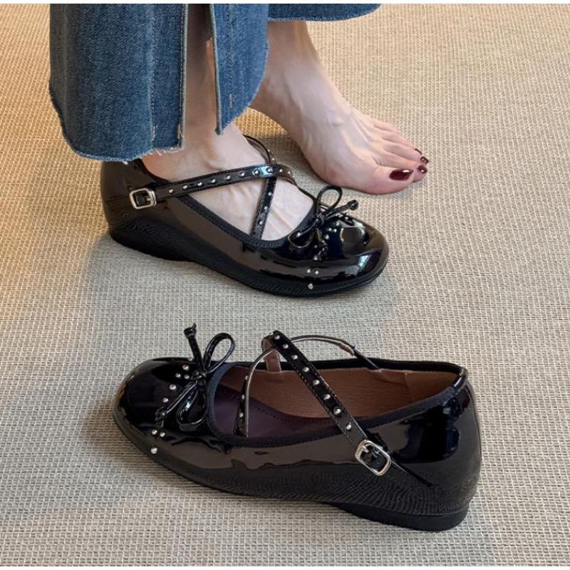 Fashion 2025 Spring Autumn Round Toe Bow Leather MaryJane Flats New Fashion Cross Strap Shoes Shallow Mouth Solid Color Women's Loafers