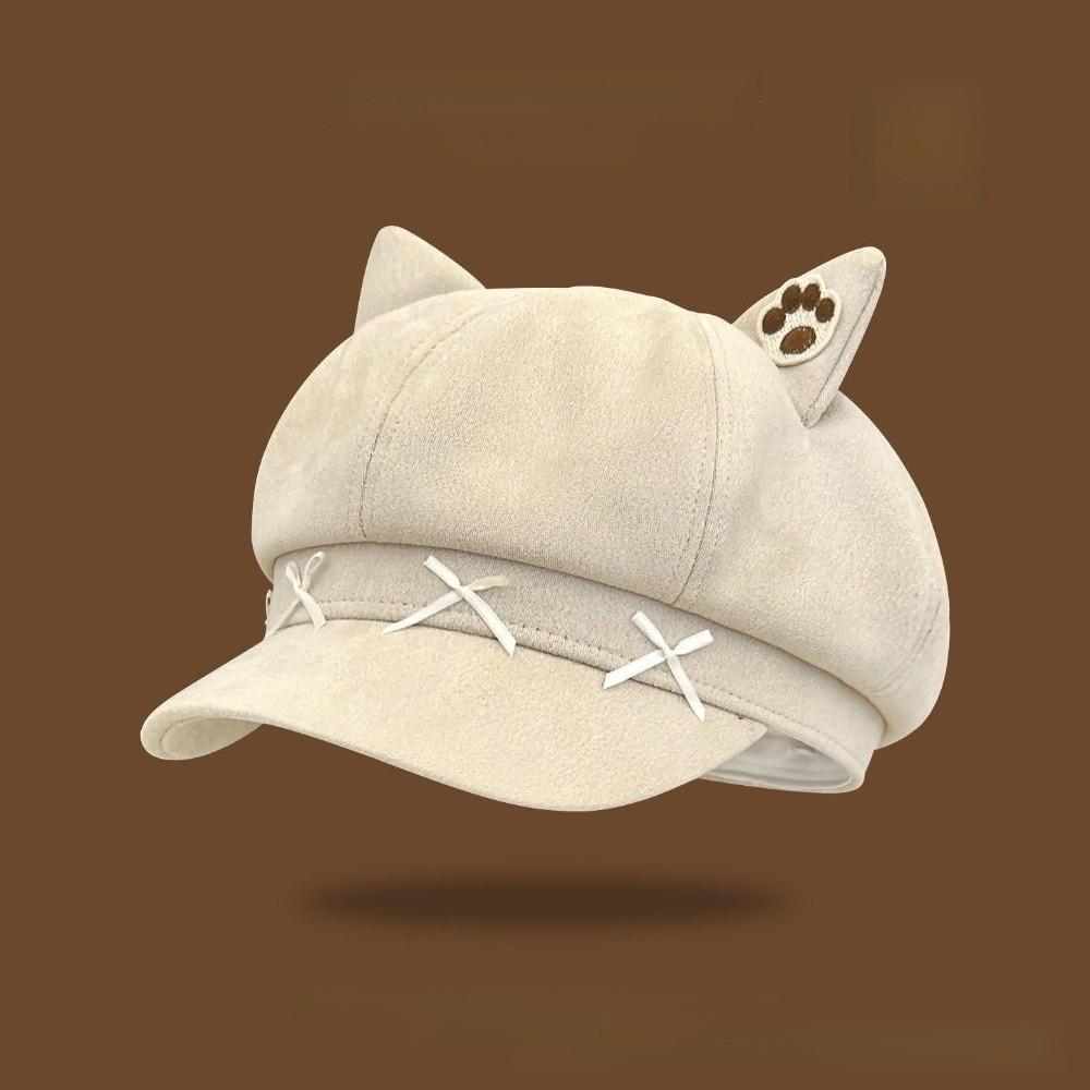 Warm Hat Newsboy Cap Cute Cat Ear Plush Beret New Cat Ears Bow Cap  for Student Wear