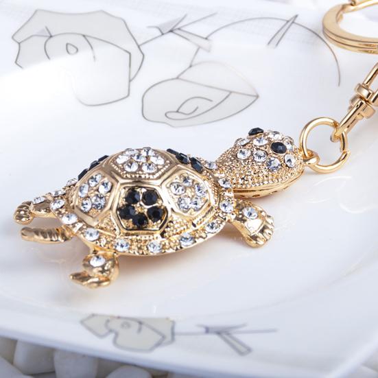 Keychain Sparkling Rhinestones Inlaid Turtle Design Keychain Pendant Enamel Oil Drip Process Spring Buckle Key Holder Car Key Bag Accessory