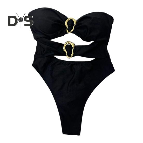 

Сексуальный монокини с открытыми плечами, бандо, ажурный дизайн, однотонный слитный купальник с неровными металлическими кольцами, одежда для отпуска M чёрный