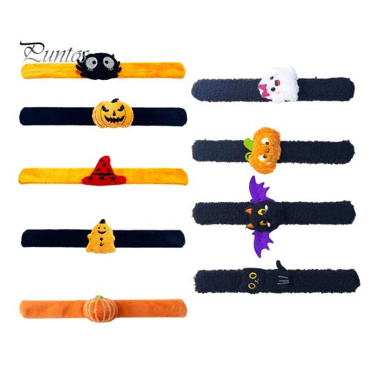 Stuffed Animal Wrist Toy 2 Pcs Halloween Slap Bracelets, Plush Pumpkin, Bat, Ghost, Black Cat Soft Portable Festive Armband Bands for Kids,
