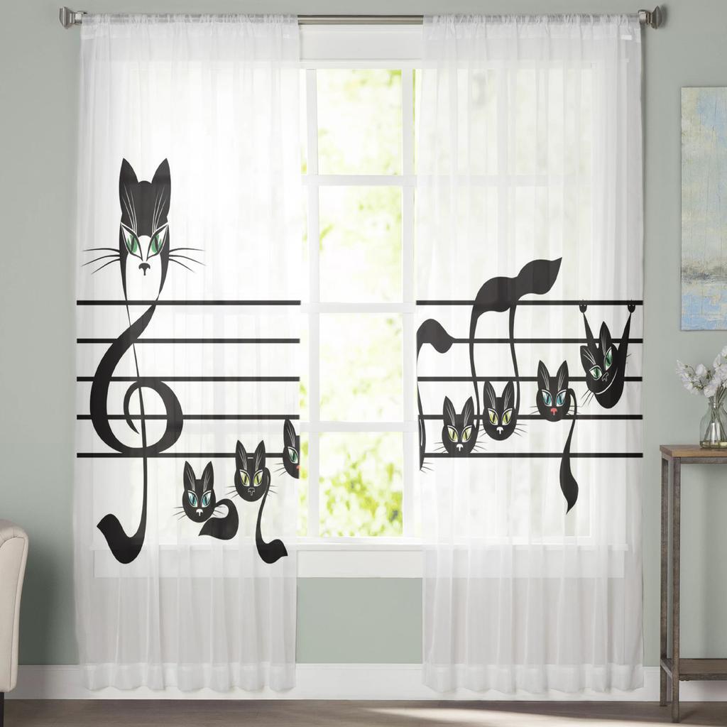Cat Musical Note Stave Tulle Curtains For Living Room Bedroom Decor Chiffon Sheer Voile Kitchen Window Curtain