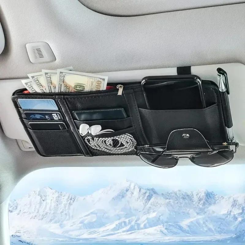Multi Functional Sun Visor Storage Bag with Phone Holder Sunglass Case and Card Slots Space Saving Car Accessory