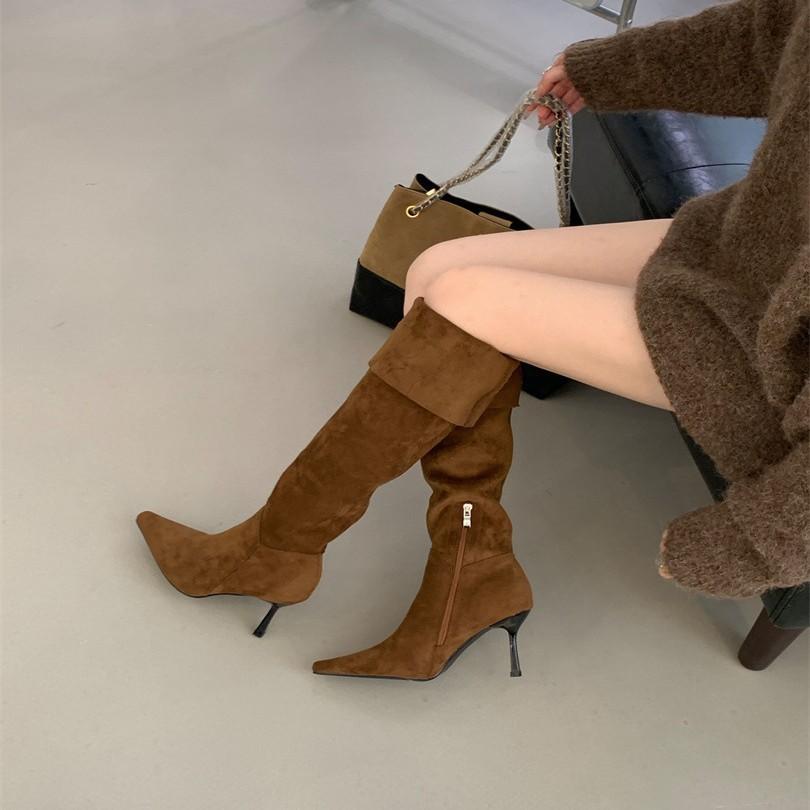 Two-wear Foldable Stacking Boots, Suede High-heeled French Pointed Over-the-knee Boots, Women's Boots, New In Autumn and Winter 2025