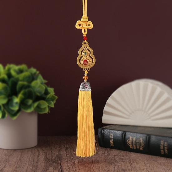 Chinese Style Gourd Car Hanging Decoration Rotatable Fu Character Gourd Tassels Car Rearview Mirror Charm Feng Shui Ornament Pendant Accessories
