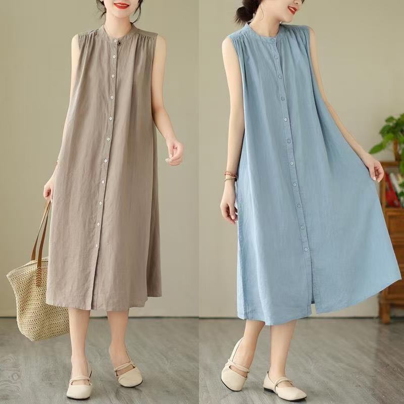 Stand Collar Linen Shirt Front Full Button Loose Flowy A Line Dress Breathable Minimalist Casual Summer Daily Elegant Oversized Mid Length Sundress