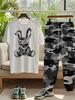 Summer New Mens Trendy Bunny Print Breathable and Comfortable Round Neck Tshirt and Pants Set Outdoor Casual Twopiece Set