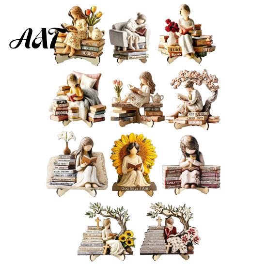 Exquisite Desktop Figurine Decor Wooden Reading Girl Figurine, Stable Pastoral Style Statue Decorative for Desk Decor, Artistic Healing Ornament,