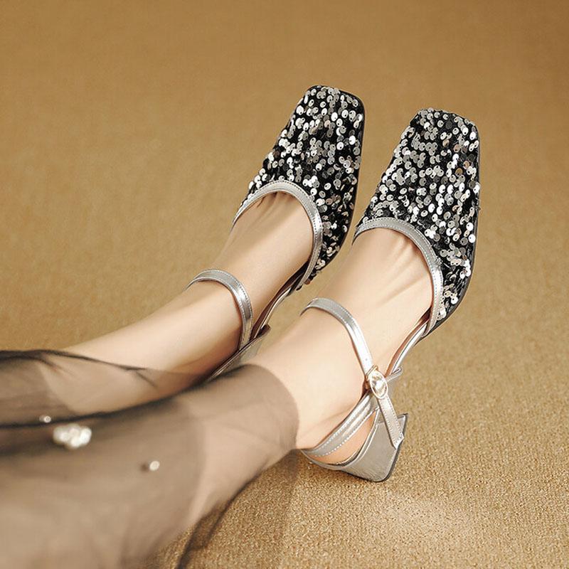 Square Toe Summer Party Shoes Women Sequin Closed Toe Thick Heels Women Sandals Glitter Dress Shoes for Woman Sandalias WSH5324