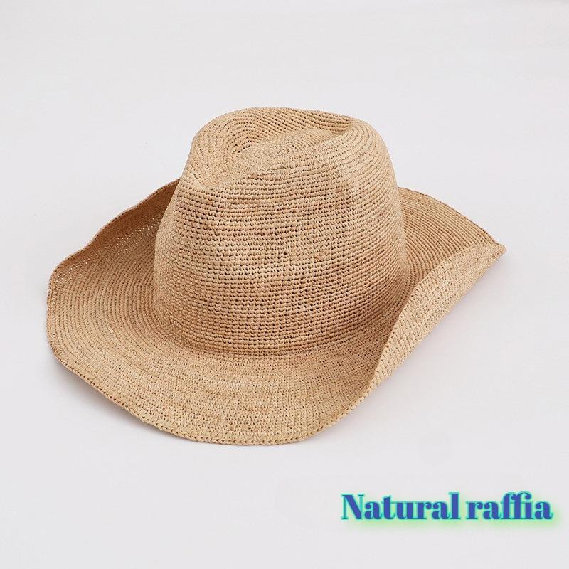 My Extreme Outdoor Activities Women's New Hand-Woven Crochet Natural Raffia Sun Hat Summer Simple Western Cowboy Hats With Curled Brim Beach Sun Protection Straw Hats 55-58Cm