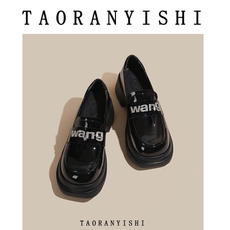 Thick-soled Small Leather Shoes for Women's Spring New Versatile Rhinestone Pearl Niche Women