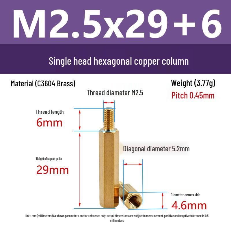 C3604 Brass Hexagonal Pillar with M2/M2.5 Internal & External Threads: Camera Stud Fixing Spacer Screw Rod