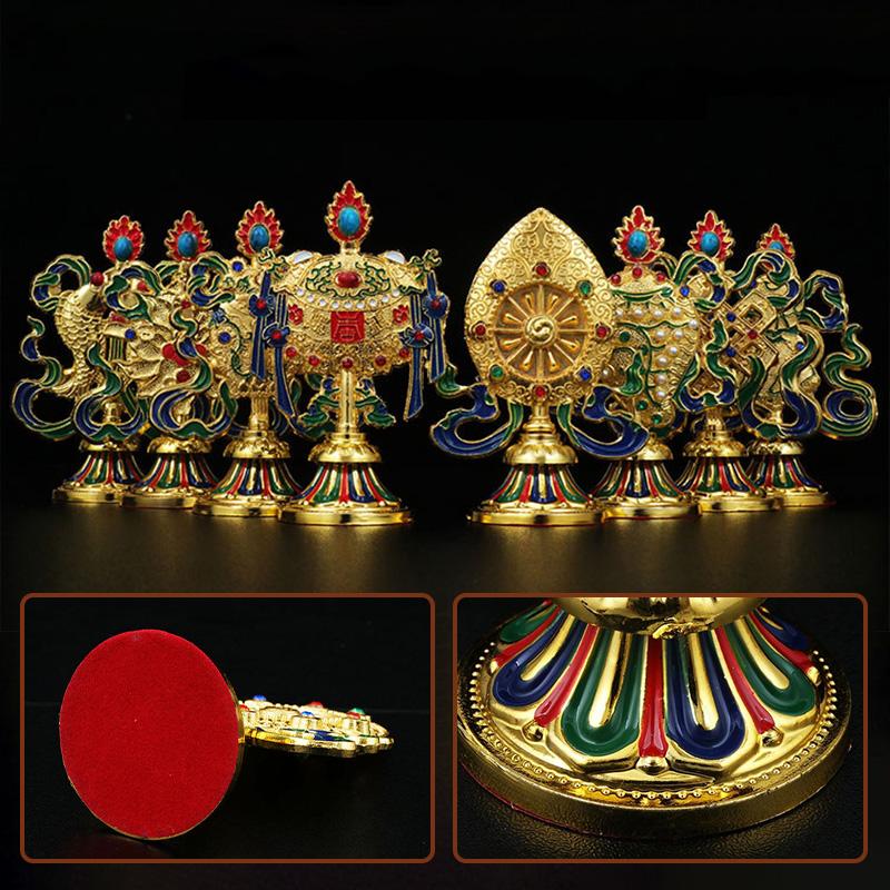 Tibetan Eight Auspicious Ornaments Painted Tibetan Engraved Treasures Statue Alloy Handicraft Buddhism Home Desktop Pendant 8pcs