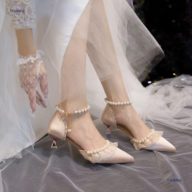 Wedding Shoes High Heels Women's New Summer with Skirt Pointed Low Heels Bridesmaid Sandals Cheongsam Single Shoes Women