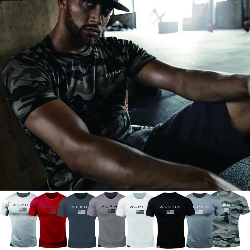 Erkek Spor Vücut Geliştirme Fitness Kas Antrenmanı Bisiklet Yaka Tişört Nefes Alabilir Hızlı Kuruyan Kumaş ve Amerikan Bayrağı Baskılı