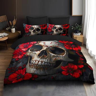 Rotes Blume Totenkopf Bettwäsche Set 3D Druck Bettbezug Kissenbezug Set Weicher Und Strapazierfähiger Stoff Für Jugendzimmer Dekoration