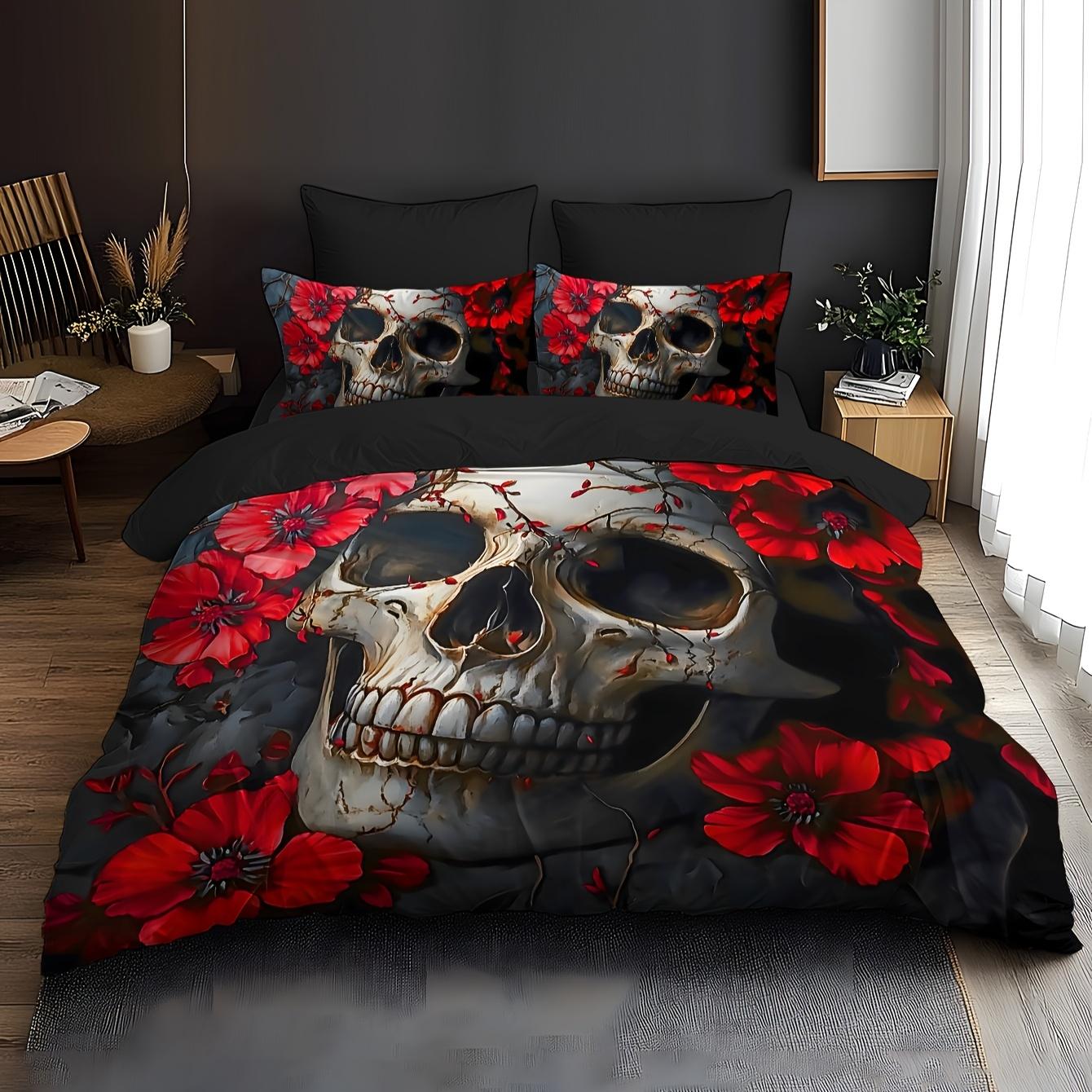 

Red Flower Skull Bedding Set 3D Print Duvet Cover Pillowcase Set Soft And Durable Fabric For Teens Bedroom Decor AU Single(140x210cm)