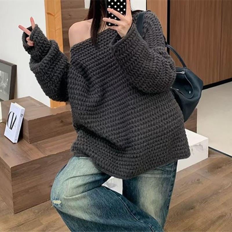 Long Sleeve Coarse Needle Sweater for Women Loose Medium Length Solid Color Knitted Sweater