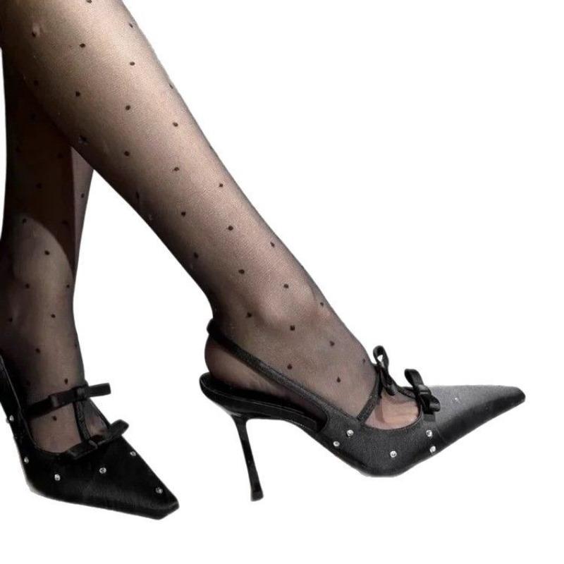 Design Sense Polka Dot Rhinestone Bow Sexy Black High Heels Small Square Head Beautiful Light Mouth Backempty Shoes