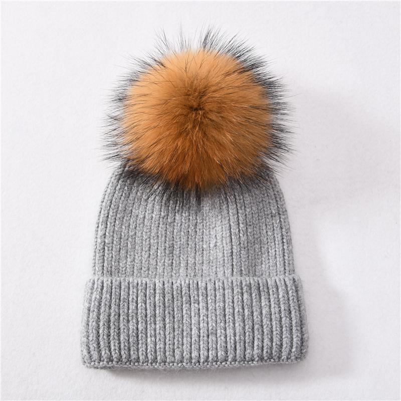 Jaxmonoy Kaschmir-Strickmütze, große Beanie-Mütze mit echtem Waschbärfell und Bommel, hochwertige, warme Mütze, Damenmütze