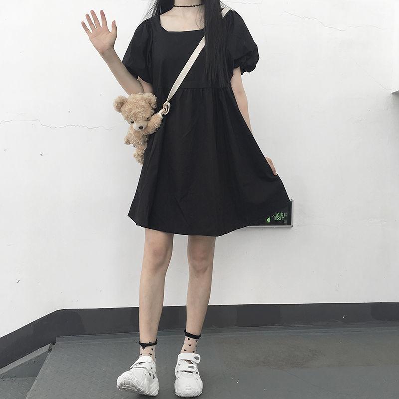 

Women s Summer Dress Korean Style Square Neck Puff Short Sleeve Loose Casual Slimming Mini Dress for Teen Girls Ladies Daily Wear one size чорний