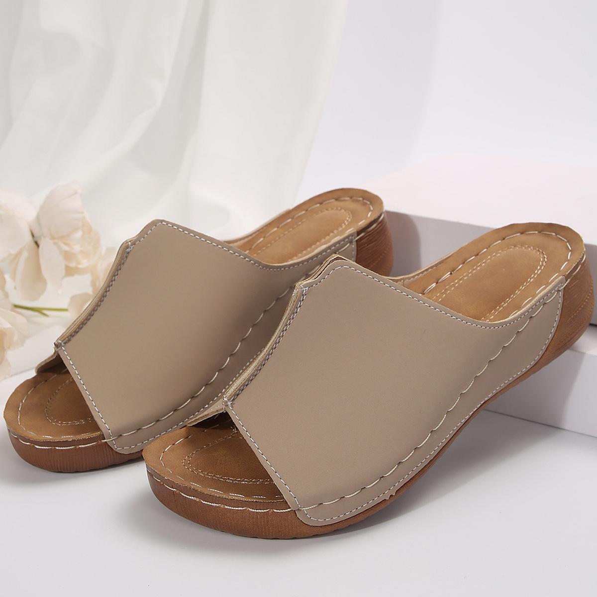 

New foreign trade slope heel slippers women s thick bottom women s sandals casual and light large size ladies slippers 35 хаки