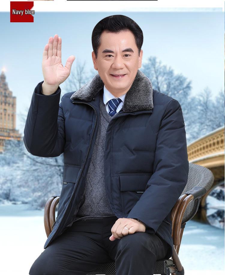 Men's Thickened Lapel Collar Down Jacket with Fleece Lining - Winter Short Style for Middle-Aged and Elderly
