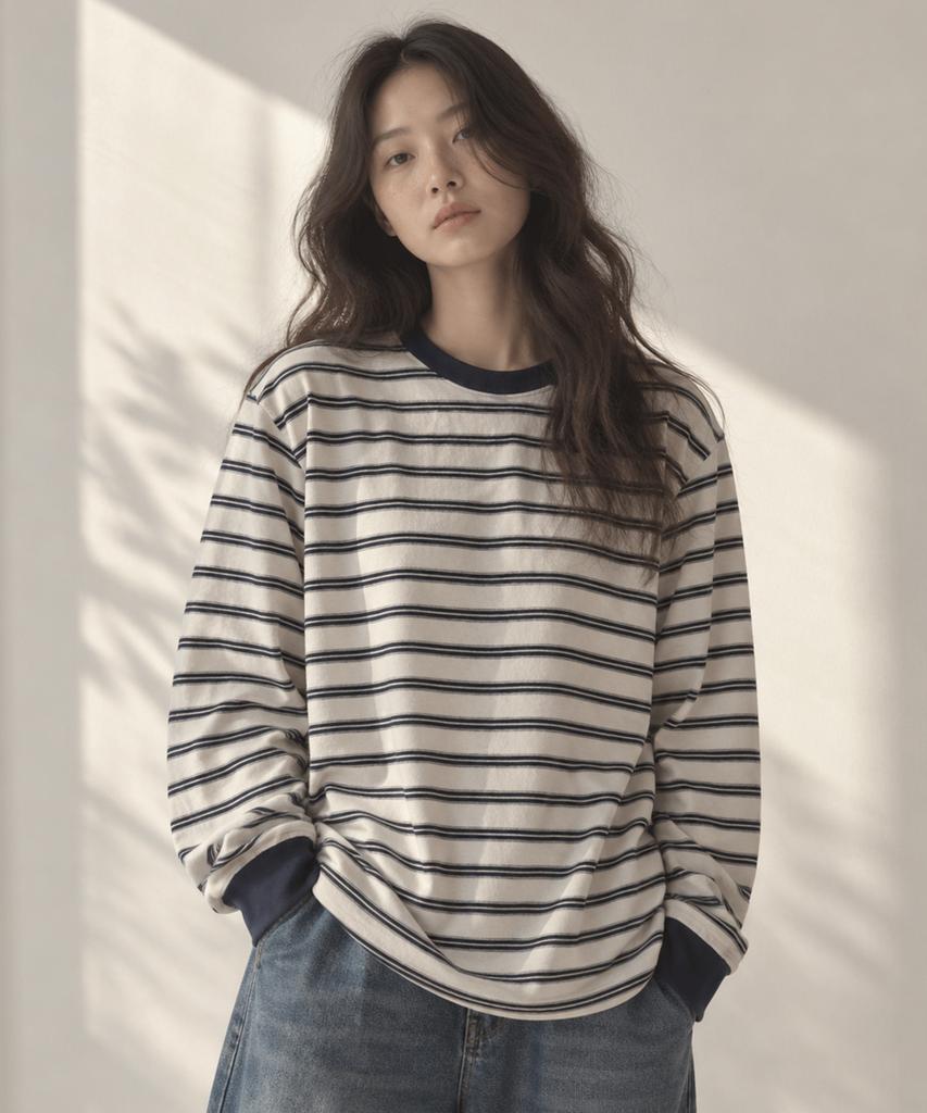 SAYUU Striped Biscuit Long Sleeve Tee Ivory