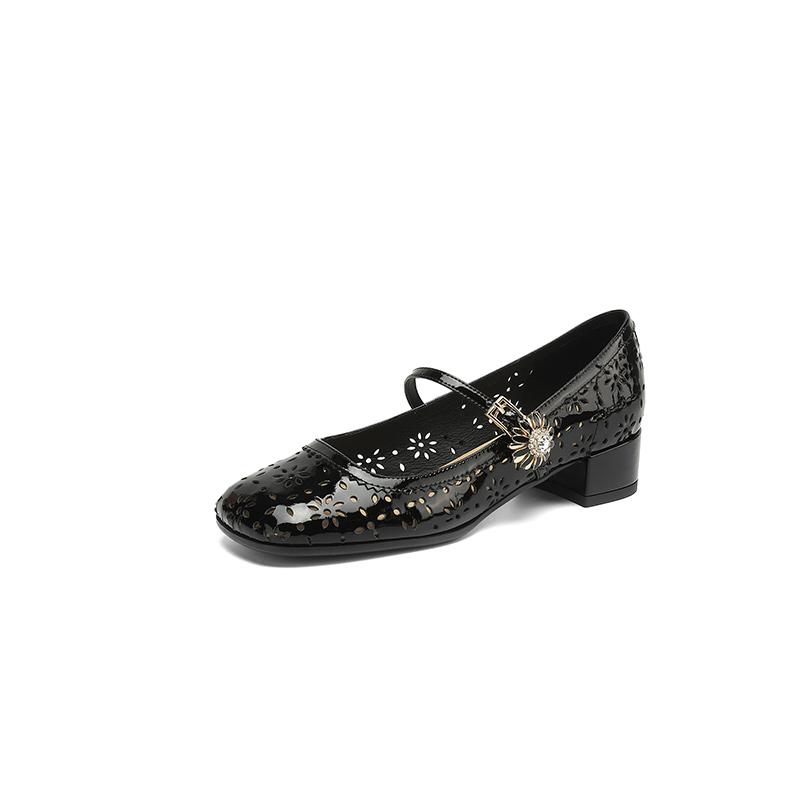 

Fashion NEW Spring/Autumn Women Pumps Square Toe Chunky Heel Shoes Genuine Leather Shoes for Women Hollow Buckle Strap Mary Janes Shoes 39
