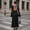 European and American Socialite Black Polka Dot Dress Women's Spring and Summer Long-sleeved Big Halter Slim Back Strap Long Dress