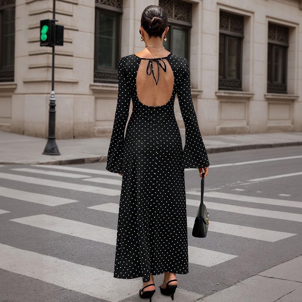 European and American Socialite Black Polka Dot Dress Women's Spring and Summer Long-sleeved Big Halter Slim Back Strap Long Dress