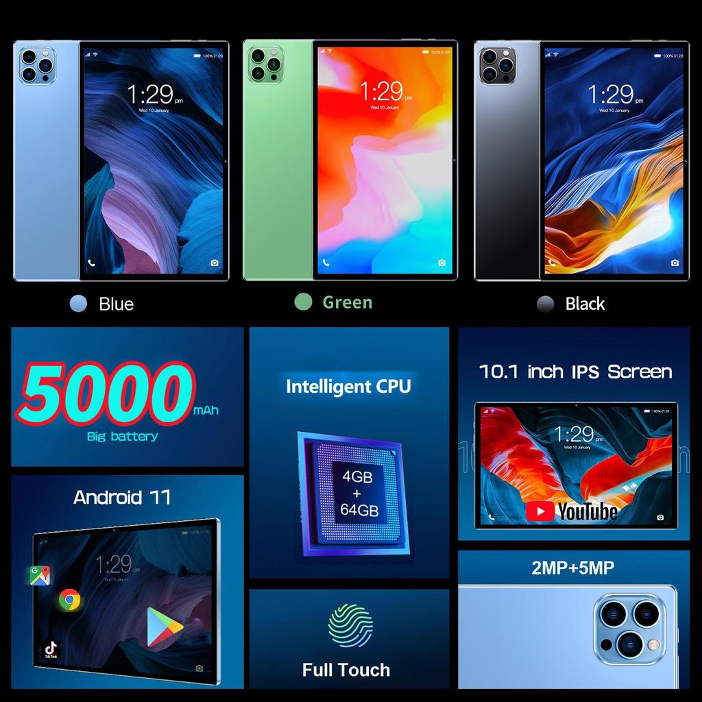 Wersja globalna 10,1-calowy tablet PC z Androidem 4 GB RAM + 64 GB ROM, ekran IPS 1280x800 5000 MAH, podwójny aparat, WiFi, karta SIM 3G, Android 13