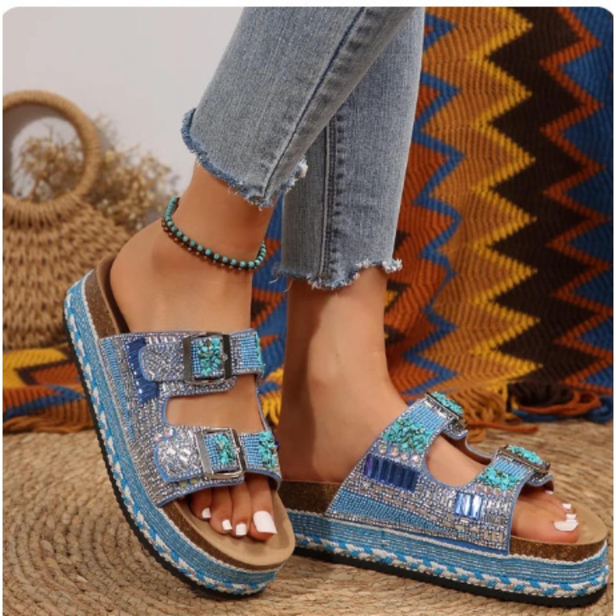 New Women s Thick Soled Cork Beach SlippersHemp Rope Double Buckle Rhinestone SlidesPlus Size 35 небесно-голубой 2700₽