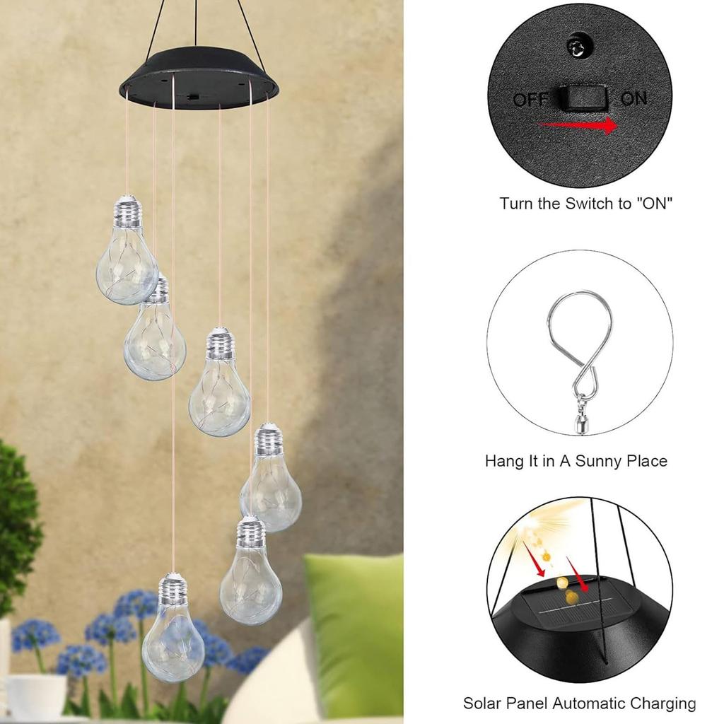 جرس الرياح المضيء الملون LED مع 6 مصابيح شمسية، جرس رياح معلق متنقل لتزيين الشرفة والحديقة والساحة والشرفة