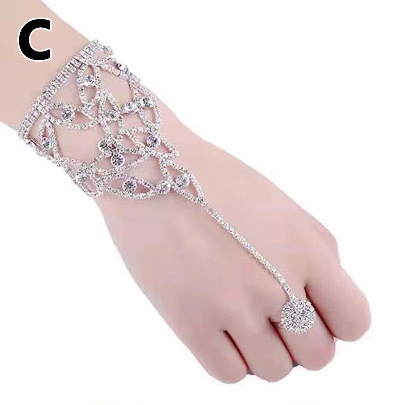 Bracciale di Strass con Anello da Dito Fiocco Corona Maglia Polso Semplice Catena Bracciali Charm da Donna Gioielli Trendy da Donna