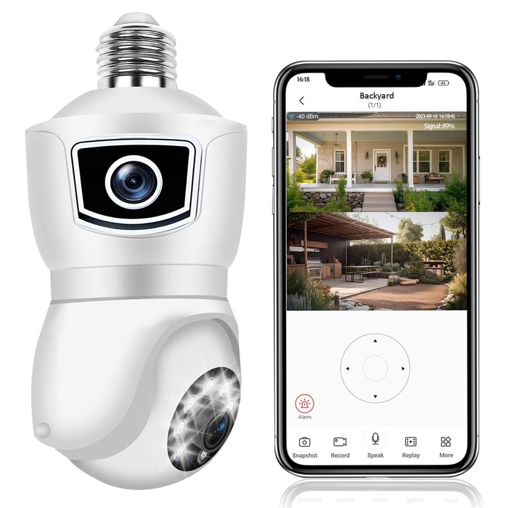 E9 Bulb Dual Lens Camera Full HD 1080p Indoor Night Vision Wireless Smart Camera with 4Led Light Wifi Bulb Dome Socket Network C