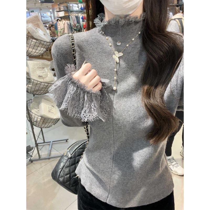 High-end elegant semi-turtleneck knitted sweater women's lace splicing top autumn and winter new flared sleeve inner bottoming shirt
